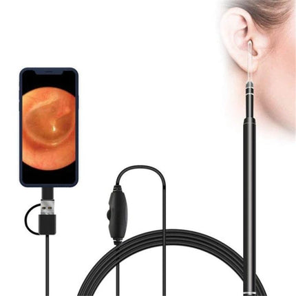 USB Digital Otoscope for Ear Inspection and Wax Viewing showing ear canal image on smartphone and probe in use