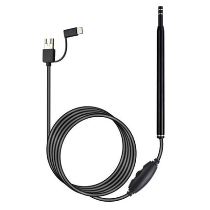 USB Digital Otoscope for Ear Inspection and Wax Viewing showing black camera probe, long cable and USB/Type-C connectors for home ear inspection