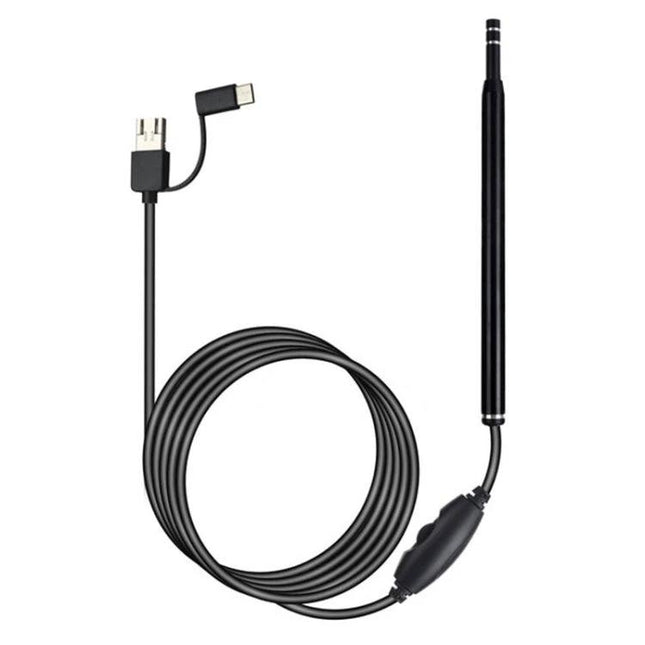 USB Digital Otoscope for Ear Inspection and Wax Viewing - compact black wired ear camera with USB/USB-C connectors and long inspection probe