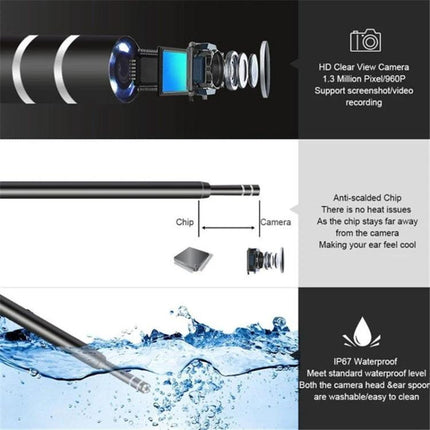 USB Digital Otoscope for Ear Inspection and Wax Viewing showing camera lens, chip placement and IP67 waterproof features