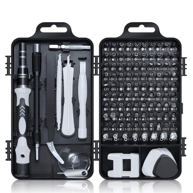 115 in 1 Precision Screwdriver Set for Daily Repairs showing case with handle, 98 precision bits and pry tools for electronics and appliance maintenance