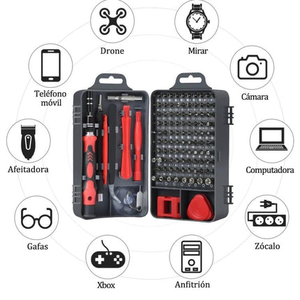 115 in 1 Precision Screwdriver Set for Daily Repairs open case showing 98 precision bits and red screwdrivers for electronics and appliance repairs