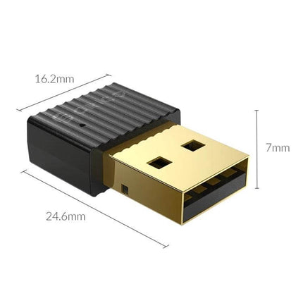 Orico BTA-508 Bluetooth 5.0 Adapter for Device Connectivity compact USB dongle with gold-plated connector and textured black housing (dimensions shown)