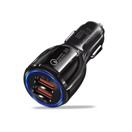 Dual USB Car Charger Fast Charging For Phones And Tablets Black - compact 30W Quick Charge 3.0 dual-port car adapter with blue LED ring
