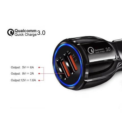 Dual USB Car Charger Fast Charging For Phones And Tablets Black compact 30W dual-port car charger with Quick Charge 3.0 and 12V–30V input