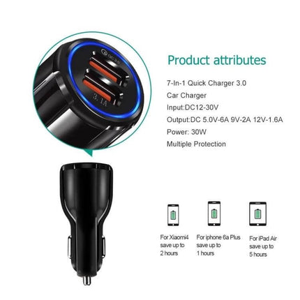 Dual USB Car Charger Fast Charging For Phones And Tablets Black - compact 30W dual-port USB Quick Charge 3.0 car charger