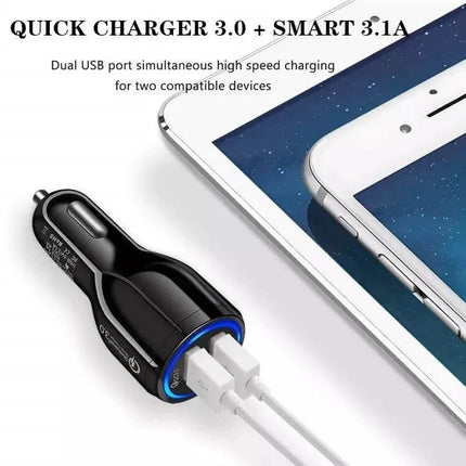 Dual USB Car Charger Fast Charging For Phones And Tablets Black compact 30W Dual USB QC3.0 car charger with two cables charging phone and tablet