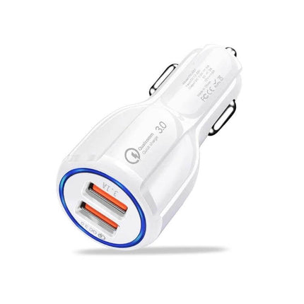 Dual USB Car Charger Fast Charging For Phones And Tablets Black - white dual-port Quick Charge 3.0 car adapter, 30W, 12V–30V input