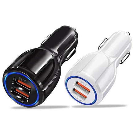 Dual USB Car Charger Fast Charging For Phones And Tablets Black — compact 30W dual-port car charger with Quick Charge 3.0 (black and white shown)
