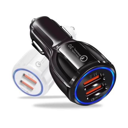 Dual USB Car Charger Fast Charging For Phones And Tablets Black — compact 30W car charger with Quick Charge 3.0 and dual USB ports, black