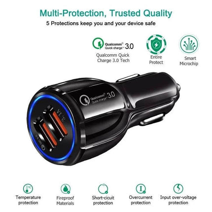 Dual USB Car Charger Fast Charging For Phones And Tablets Black - compact 30W QC3.0 dual-port car adapter with LED ring and multi-protection
