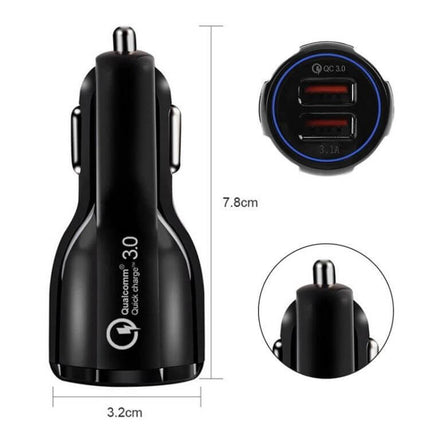 Dual USB Car Charger Fast Charging For Phones And Tablets Black compact 30W dual port car charger with Quick Charge 3.0 for phones and tablets
