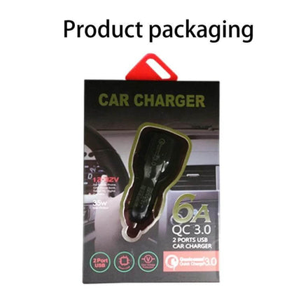 Dual USB Car Charger Fast Charging For Phones And Tablets Black compact 30W dual-port car charger packaging with QC3.0 for phones and tablets
