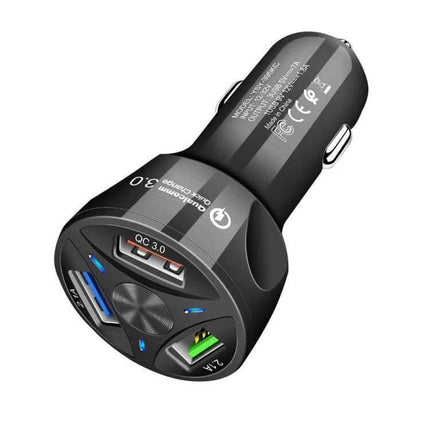 3 USB Car Charger For Phones And Tablets On The Go — black QC3.0 car charger with one USB 3.0 and two USB 2.0 ports for fast charging on the road