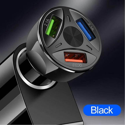3 USB Car Charger For Phones And Tablets On The Go – black car cigarette lighter adapter with QC3.0 red blue green USB ports