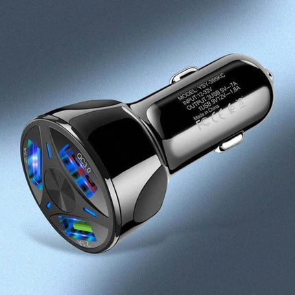 3 USB Car Charger For Phones And Tablets On The Go black QC3.0 3-port car charger with USB 3.0 and two USB 2.0 ports