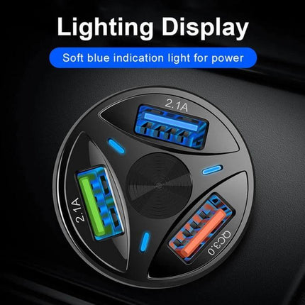 3 USB Car Charger For Phones And Tablets On The Go - round 3-port car charger with QC3.0 fast charge, USB 3.0 and two 2.1A ports, soft blue indicator lights