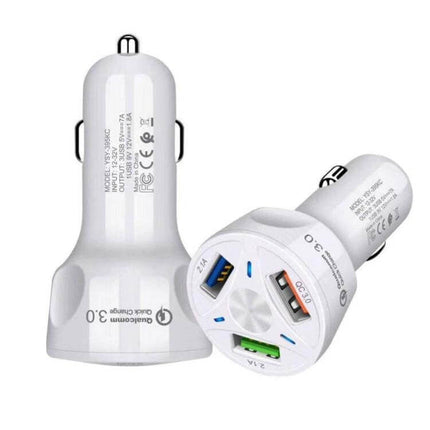 3 USB Car Charger For Phones And Tablets On The Go - white QC3.0 car charger with one USB 3.0 and two USB 2.0 ports for phones and tablets