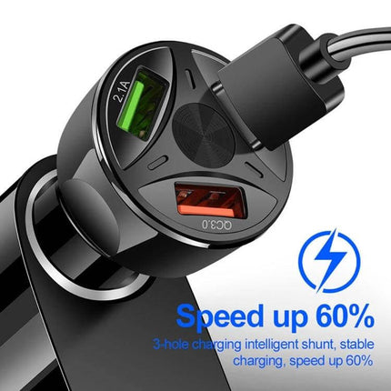 3 USB Car Charger For Phones And Tablets On The Go - black QC3.0 3-port car charger with one USB 3.0 and two USB 2.0 ports for phones and tablets