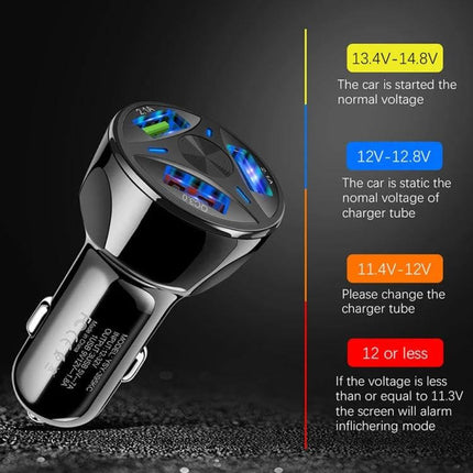 3 USB Car Charger For Phones And Tablets On The Go - black QC3.0 3-port car charger with USB 3.0 and two USB 2.0 ports, LED voltage display