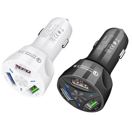 3 USB Car Charger For Phones And Tablets On The Go – white and black QC3.0 3-port car charger with USB 3.0 and two USB 2.0 ports
