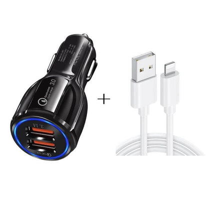 Qc3.0 Dual USB Car Charger With 1m 8-Pin Cable For Phones - black dual-port QC3.0 car charger with blue LED ring and 1m white 8-pin iPhone cable