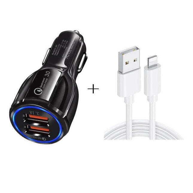 Qc3.0 Dual USB Car Charger With 1m 8-Pin Cable For Phones - black dual-port QC3.0 car charger with blue LED ring and 1m white 8-pin iPhone cable
