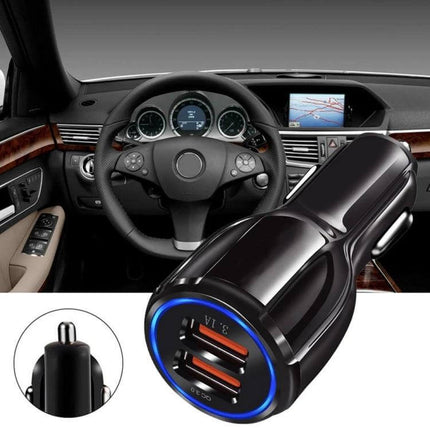 Qc3.0 Dual USB Car Charger With 1m 8-Pin Cable For Phones - black dual-port car charger with LED ring and included 1m 8-pin iPhone cable