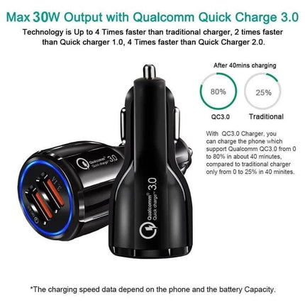 Qc3.0 Dual USB Car Charger With 1m 8-Pin Cable For Phones - black QC3.0 30W car charger with 1m 8-pin iPhone cable