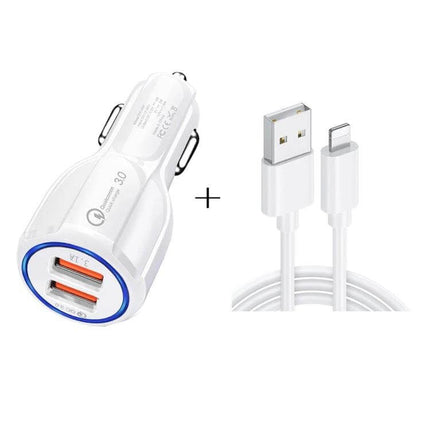 Qc3.0 Dual USB Car Charger With 1m 8-Pin Cable For Phones — white dual-port QC3.0 car charger with included 1m 8-pin iPhone cable