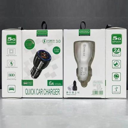 Qc3.0 Dual USB Car Charger With 1m 8-Pin Cable For Phones shown in retail packaging with dual USB ports and 1m 8-pin iPhone cable