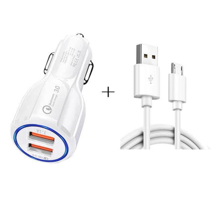 QC3.0 Dual USB Car Charger With Micro USB Cable Kit white dual-port charger and included micro USB cable