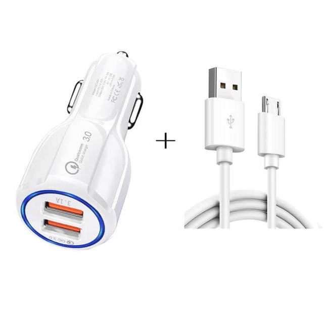 QC3.0 Dual USB Car Charger With Micro USB Cable Kit white dual-port charger and included micro USB cable
