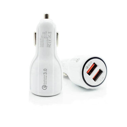 QC3.0 Dual USB Car Charger With Micro USB Cable Kit compact white dual-port car charger showing two orange USB ports