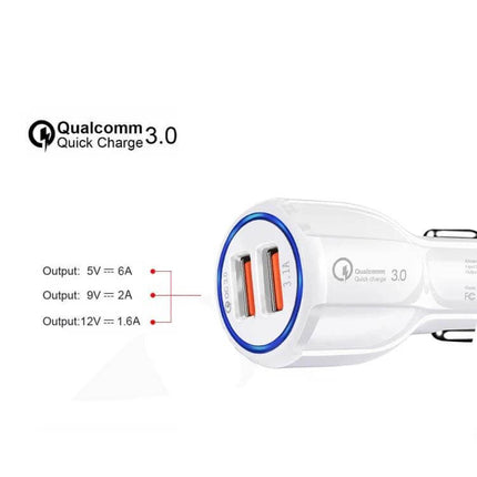 QC3.0 Dual USB Car Charger With Micro USB Cable Kit - white QC3.0 dual-port car charger showing outputs and Micro USB cable compatibility