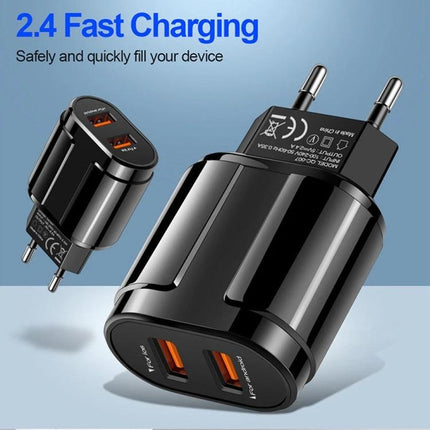 Compact Dual USB Charger for Travel and Daily Use — glossy black dual-port 2.4A travel wall charger powering smartphone and tablet