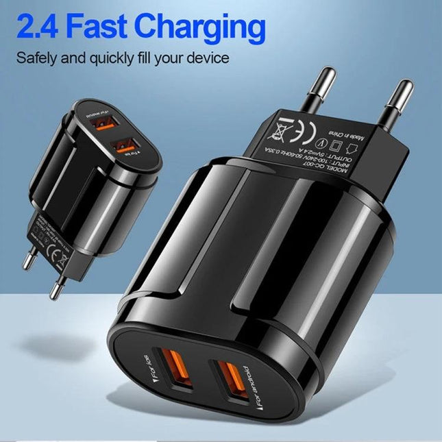 Compact Dual USB Charger for Travel and Daily Use — glossy black dual-port 2.4A travel wall charger powering smartphone and tablet