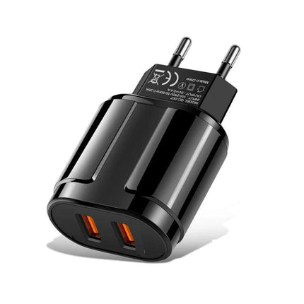 Compact Dual USB Charger for Travel and Daily Use - black dual-port wall adapter for smartphone and tablet charging
