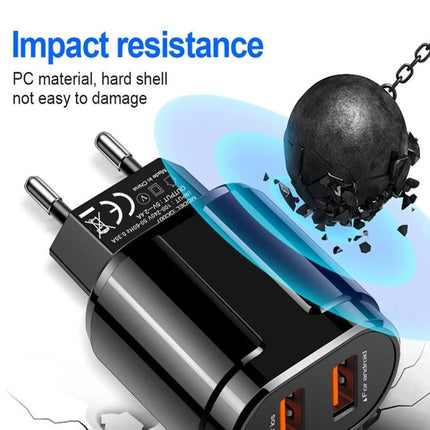 Compact Dual USB Charger for Travel and Daily Use showing black dual-port charger with impact resistance and wrecking ball graphic
