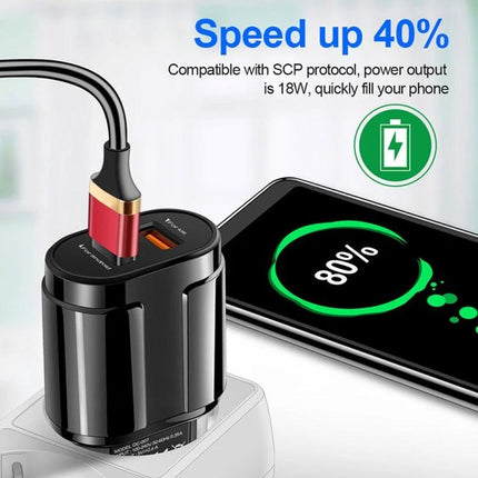 Compact Dual USB Charger for Travel and Daily Use showing black dual-port charger plugged in charging phone at 80% with 18W fast charge text