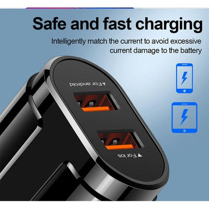 Compact Dual USB Charger for Travel and Daily Use black dual-port car charger showing two orange USB ports, safe and fast charging