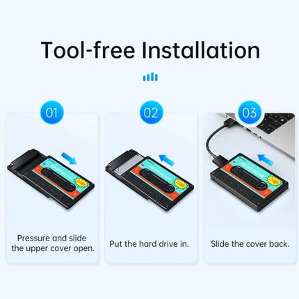 Orico 2.5 Inch USB 3.0 Hard Drive Enclosure for Data Storage showing tool-free installation steps with drive insertion and USB connection