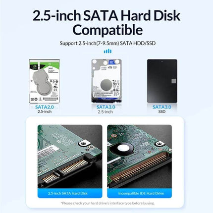 Orico 2.5 Inch USB 3.0 Hard Drive Enclosure for Data Storage showing compatible 2.5-inch SATA HDD and SSD, tool-free installation, supports up to 4TB