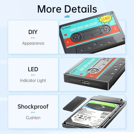 Orico 2.5 Inch USB 3.0 Hard Drive Enclosure for Data Storage showing DIY cassette design, LED indicator, shockproof cushion and 2.5" drive