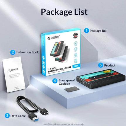 Orico 2.5 Inch USB 3.0 Hard Drive Enclosure for Data Storage with package box, data cable, instruction book, shockproof cushion and product