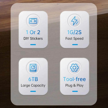 Orico 2.5 Inch USB 3.0 Hard Drive Enclosure for Data Storage showing icons for DIY stickers, fast speed, large capacity, and tool-free plug & play