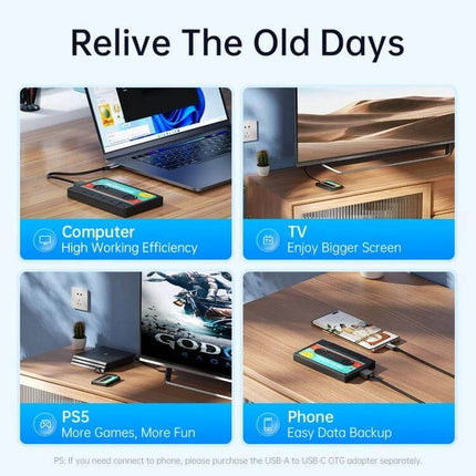 Orico 2.5 Inch USB 3.0 Hard Drive Enclosure for Data Storage showing cassette-style external HDD connected to laptop, TV, PS5 and phone for backups
