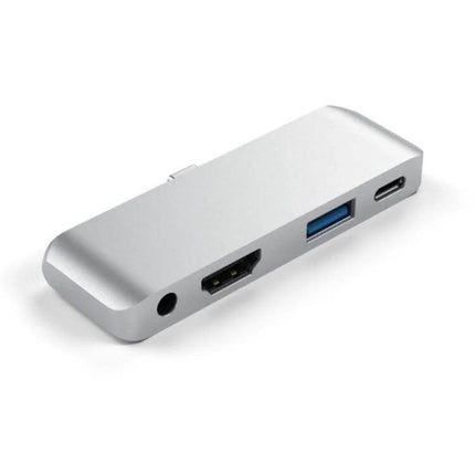 Versatile 4-in-1 USB-C Hub for Video and Presentations - silver hub with HDMI, USB-A, USB-C and audio port for laptops and tablets
