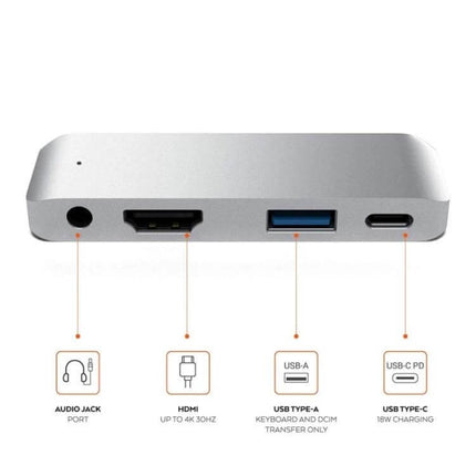 Versatile 4-in-1 USB-C Hub for Video and Presentations with HDMI, USB-A, USB-C PD and audio jack for mobile professionals