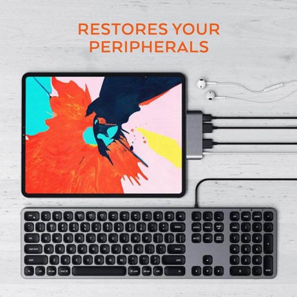 Versatile 4-in-1 USB-C Hub for Video and Presentations connected to tablet, keyboard and earbuds for mobile professionals